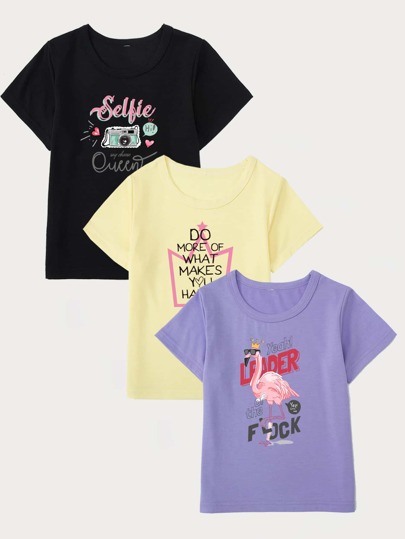 تيشيرت بجرافيك كرتون وعبارة بنات - 3 قطع