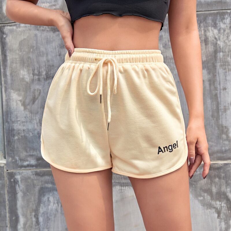 

Letter Embroidery Drawstring Waist Shorts, Apricot