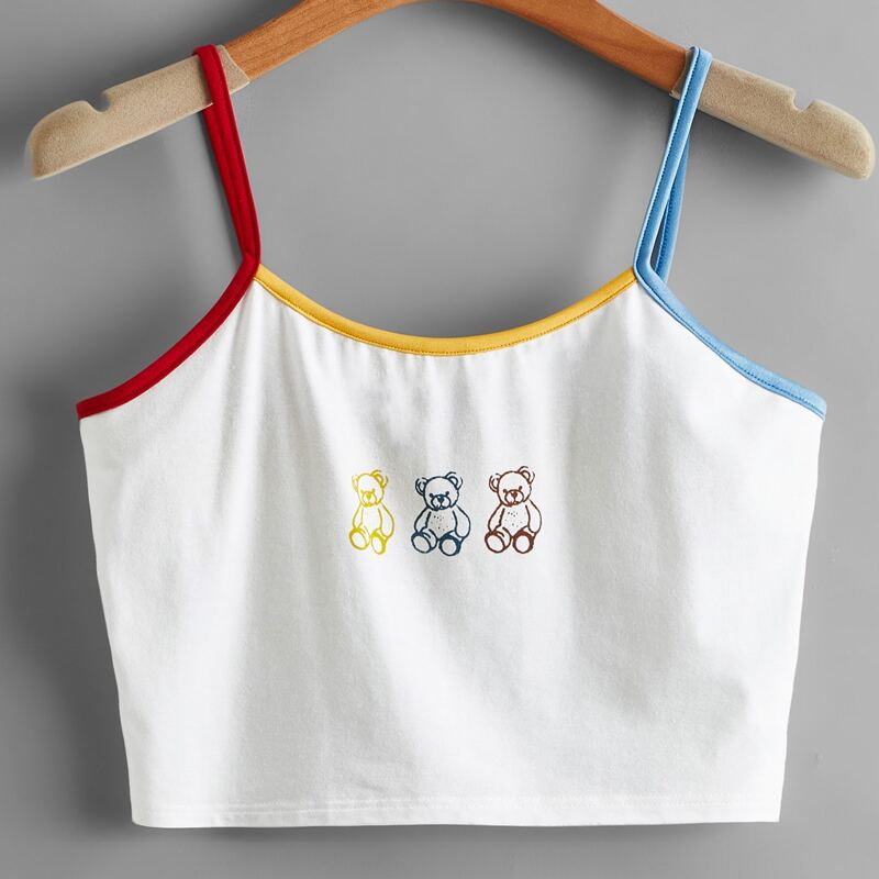 

Cartoon Bear Graphic Ringer Crop Cami, Multicolor