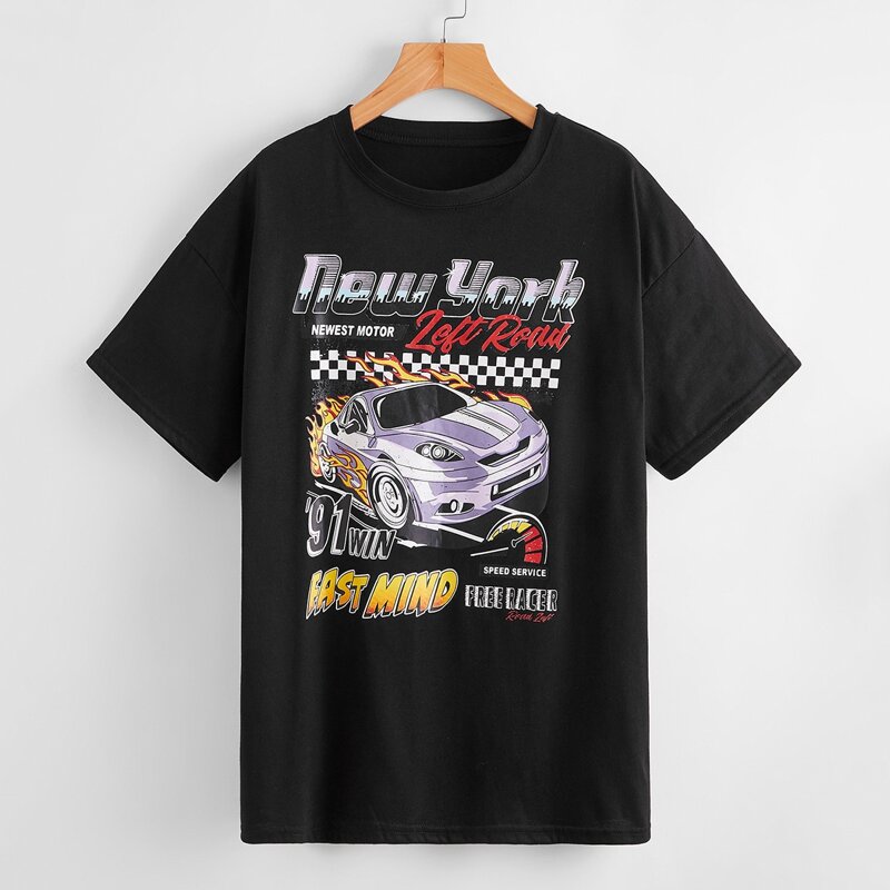 

Car & Letter Graphic Oversized Tee, Black