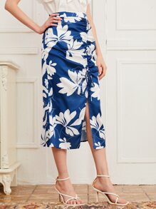 Modelyn Floral Drawstring Split Hem Skirt - Blue and White - View 4