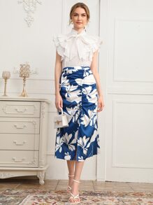 Modelyn Floral Drawstring Split Hem Skirt - Blue and White - View 5