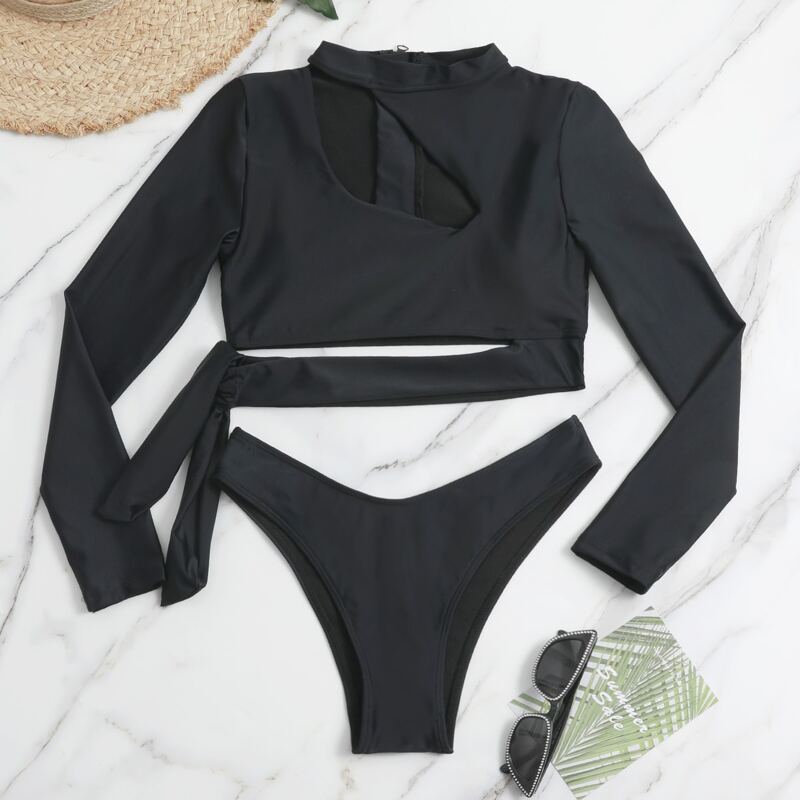 

Solid Cut Out Knot Decor Bikini Swimsuit, Black