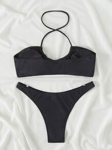 Tie Front Cross Halter Bikini Set Summer Beach - Black - View 2