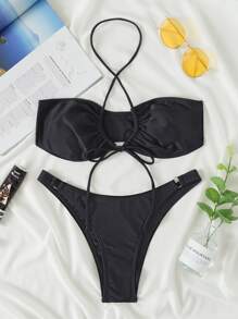 Tie Front Cross Halter Bikini Set Summer Beach - Black - View 3