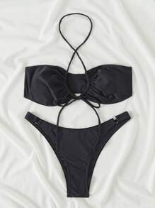 Tie Front Cross Halter Bikini Set Summer Beach - Black - View 4