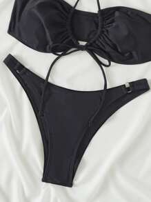 Tie Front Cross Halter Bikini Set Summer Beach - Black - View 5