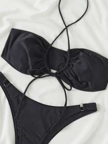 Tie Front Cross Halter Bikini Set Summer Beach - Black - View 6
