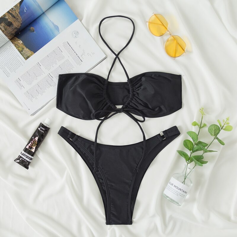 

Tie Front Cross Halter Bikini Swimsuit, Black