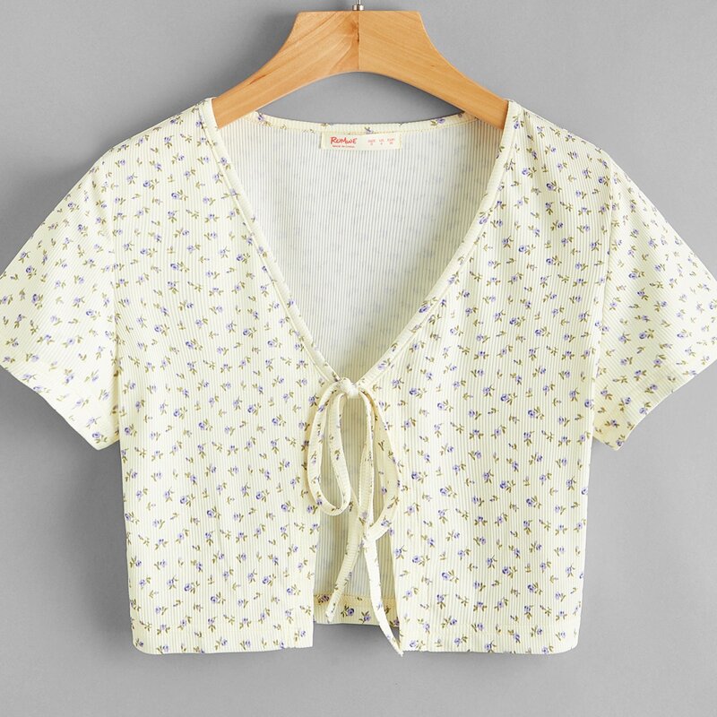 

Tie Front Ditsy Floral Crop Top, Beige