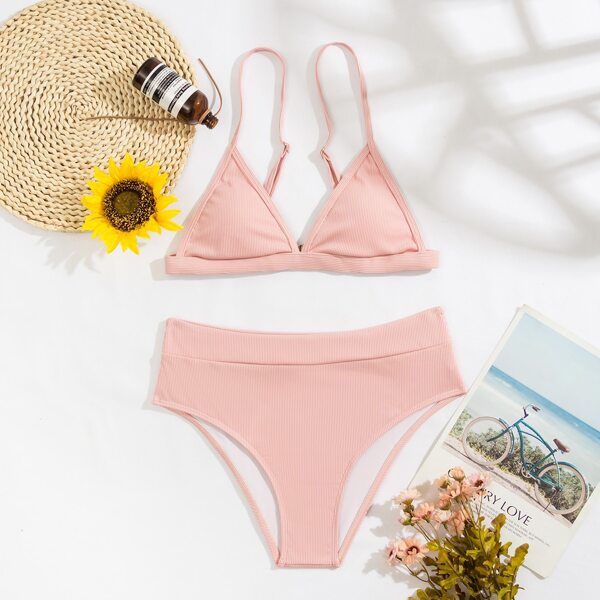 

Rib Triangle High Waisted Bikini Swimsuit, Baby pink