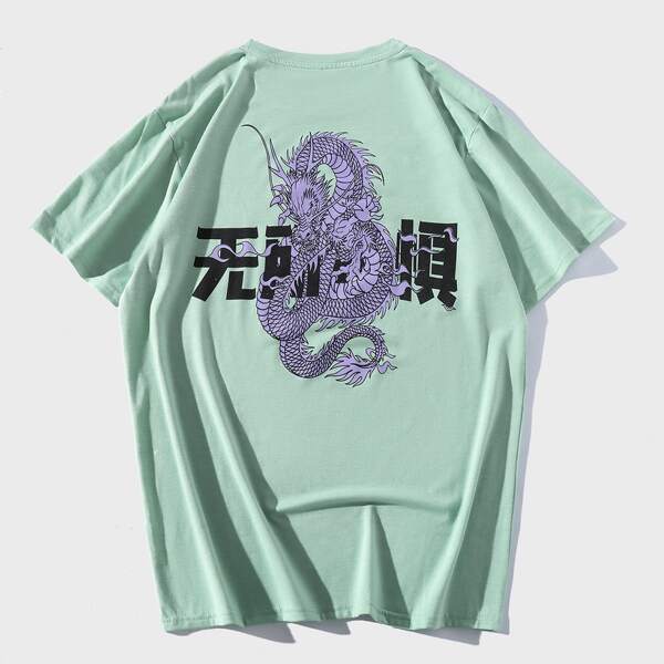 

Men Chinese Dragon And Letter Graphic Tee, Mint green