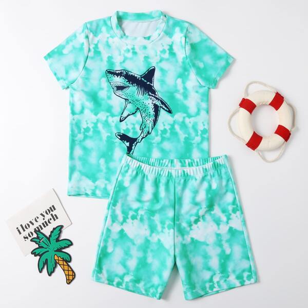 

Boys Tie Dye & Shark Pattern Shorts Swimsuit, Multicolor