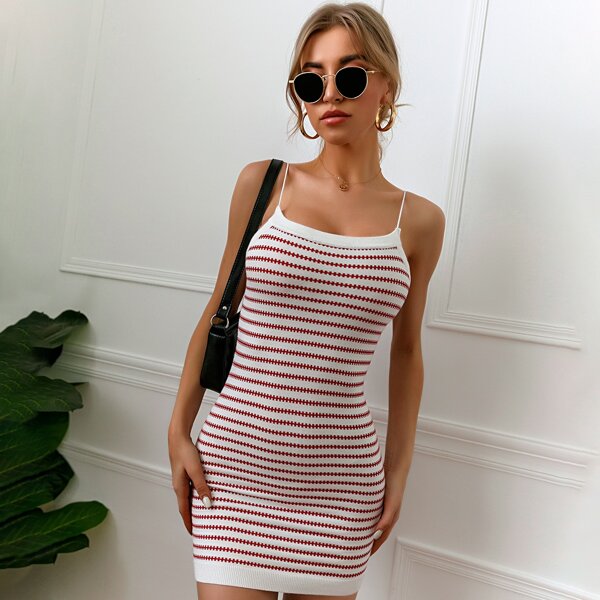 

Striped Bodycon Sweater Dress, Red and white