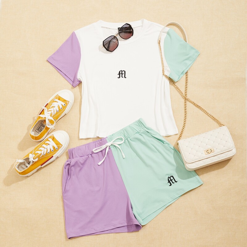 

Letter Embroidery Colorblock Tee & Track Shorts Set, Multicolor