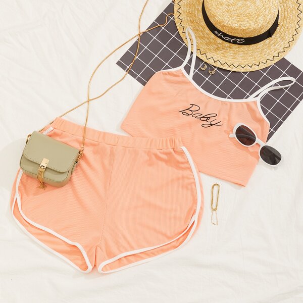 

Letter Graphic Cami Top & Track Shorts Set, Orange