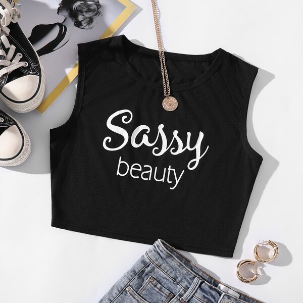 

Letter Graphic Crop Tank Top, Black