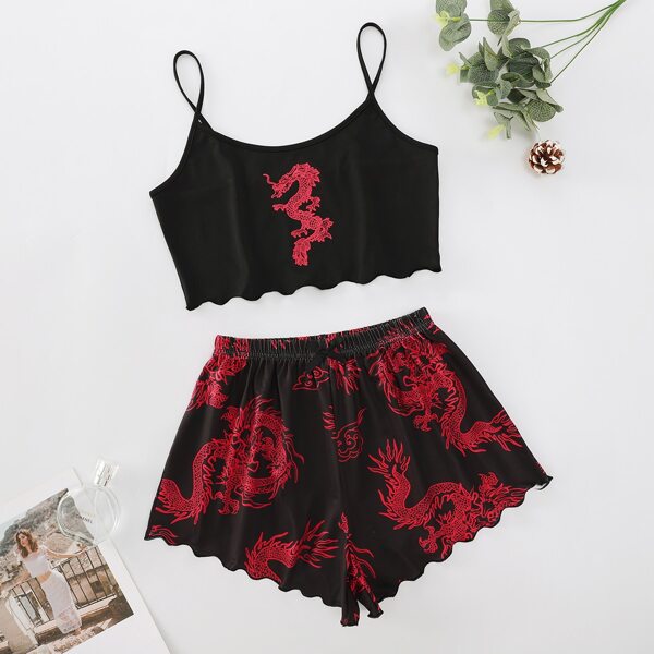 

Chinese Dragon Print Lettuce Trim Cami PJ Set, Multicolor