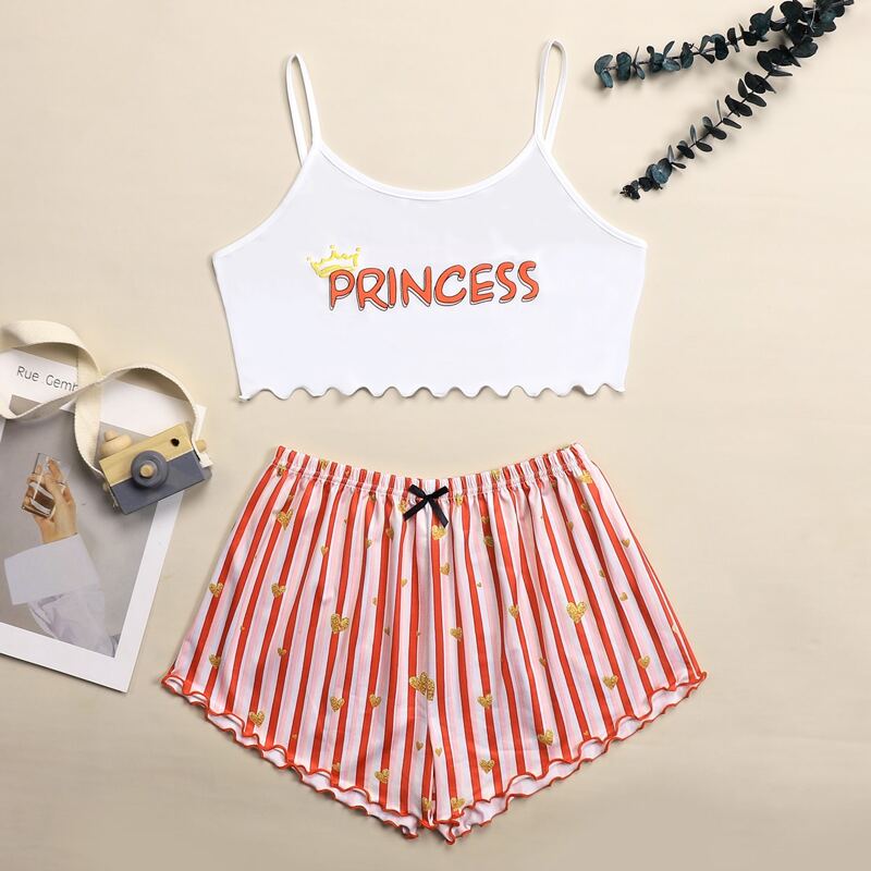 

Heart And Letter Graphic Lettuce Trim Cami Pajama Set, Red and white
