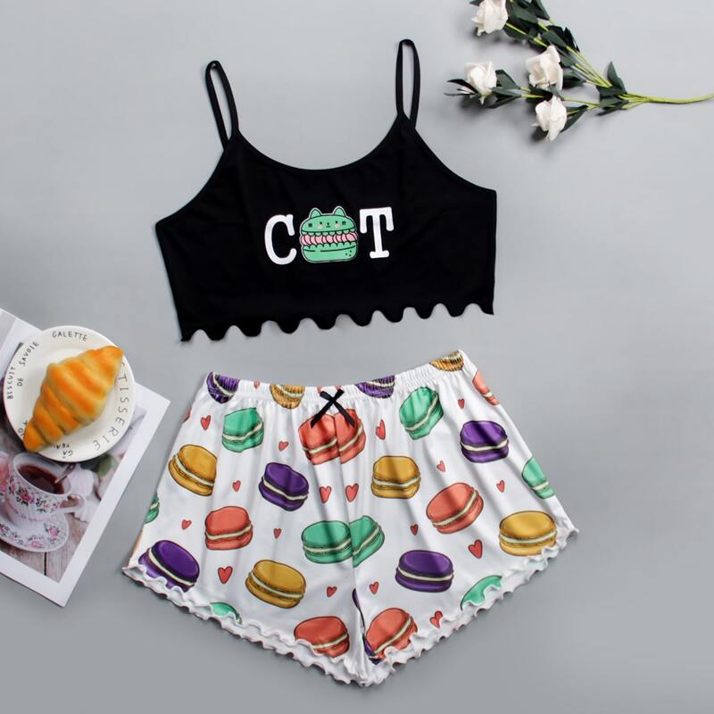 

Cartoon And Letter Graphic Pajama Set, Multicolor