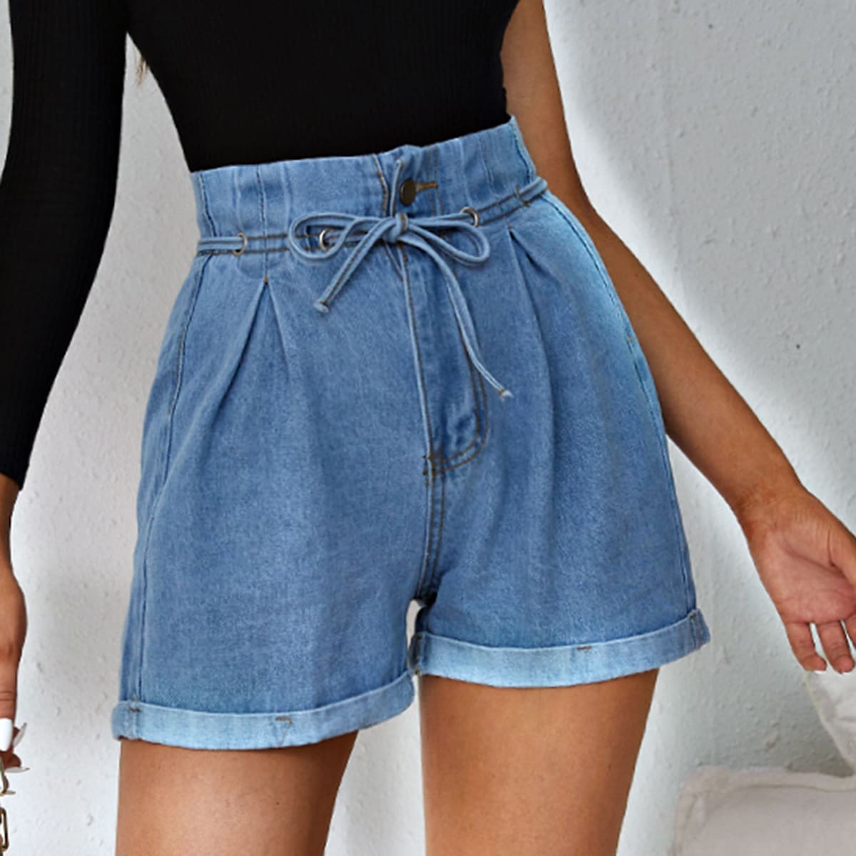 

High Rise Self Tie Washed Denim Shorts, Light wash