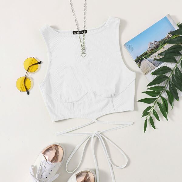 

Tie Front Rib-knit Tank Crop Top, White