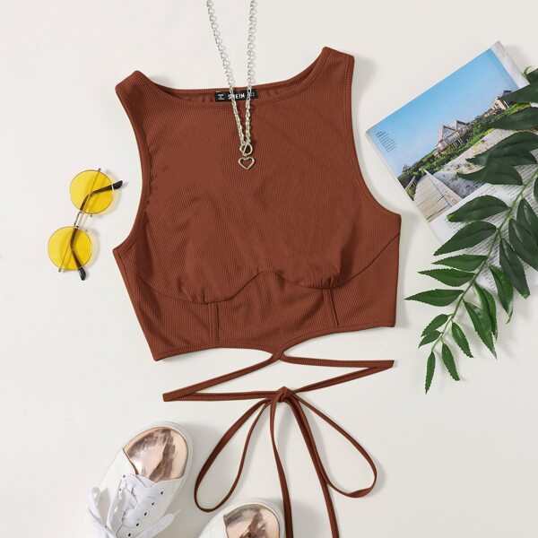 

Tie Front Rib-knit Tank Crop Top, Rust brown