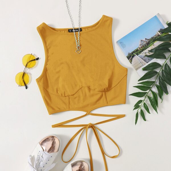 

Tie Front Rib-knit Tank Crop Top, Yellow