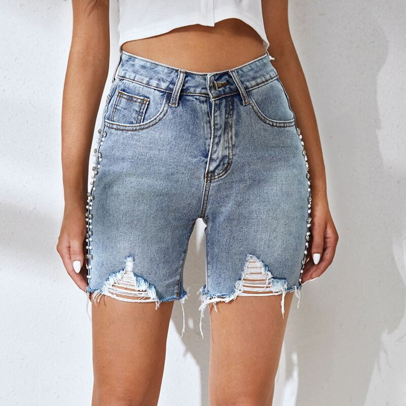 

Pearls Beaded Ripped Denim Shorts, Light wash