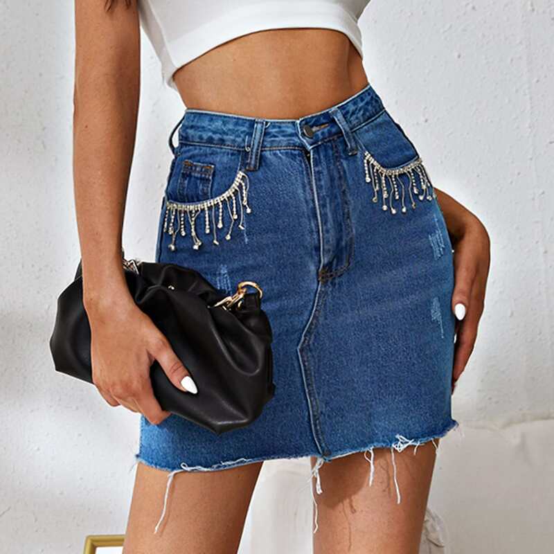 

Raw Hem Rhinestone Denim Skirt, Medium wash
