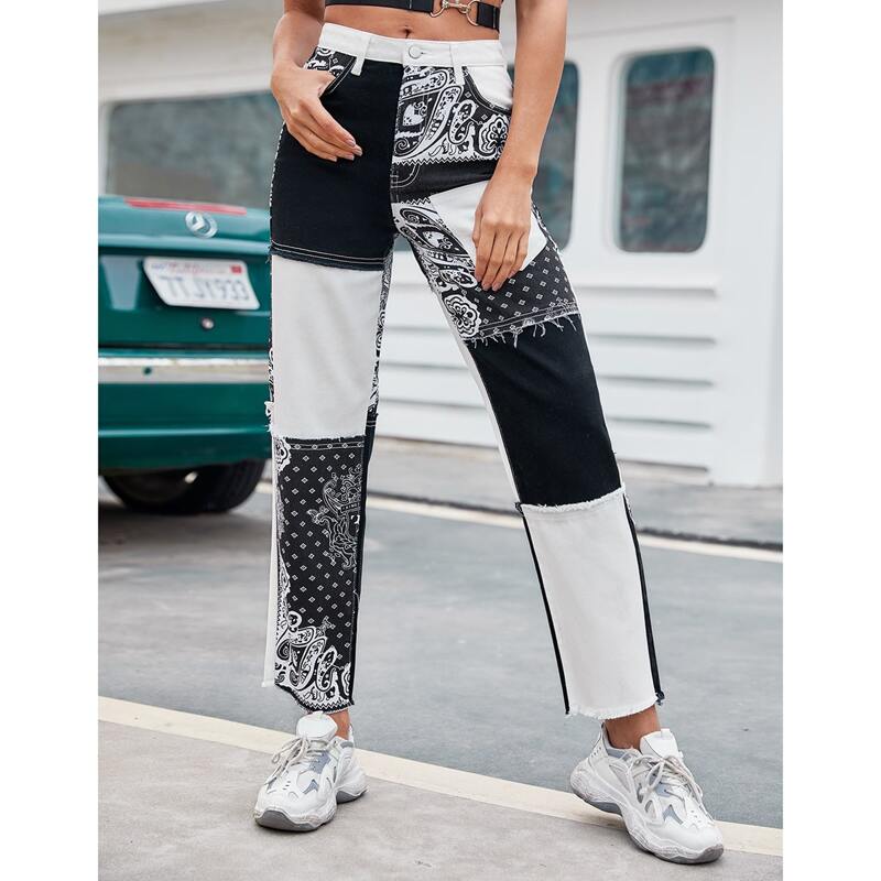 

Colorblock & Paisley Print Raw Hem Cropped Jeans, Black and white