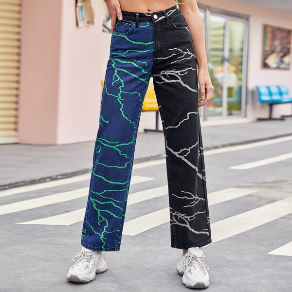 

Colorblock & Lightning Print Jeans, Multicolor