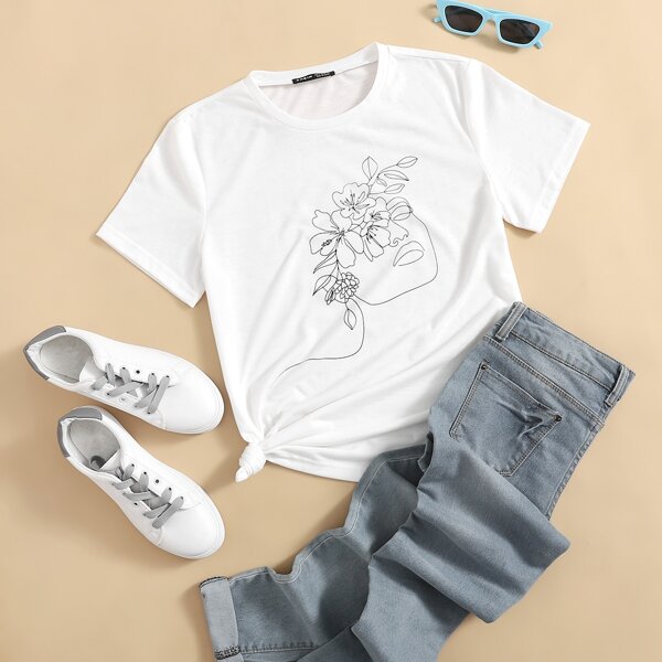 

Figure & Floral Print Tee, White