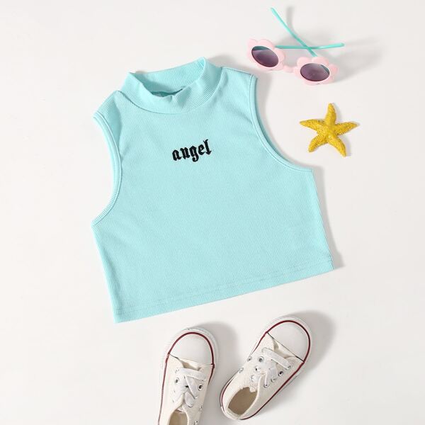 

Girls Letter Embroidered Tank Top, Mint blue