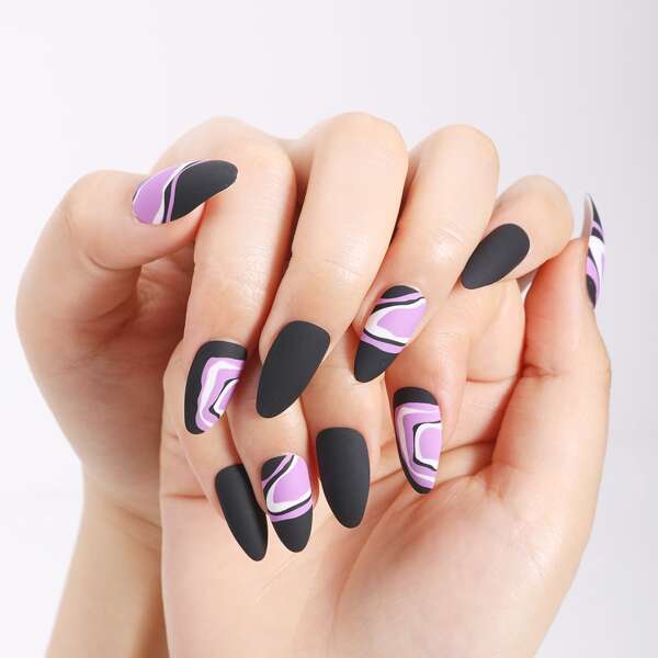 

24pcs Graphic Fake Nail & 1sheet Tape & 1pc Nail File, Multicolor