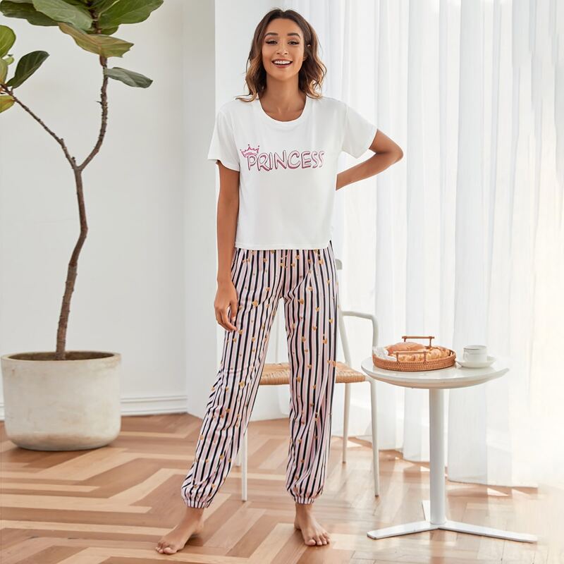 

Letter And Striped Print Pajama Set, Multicolor