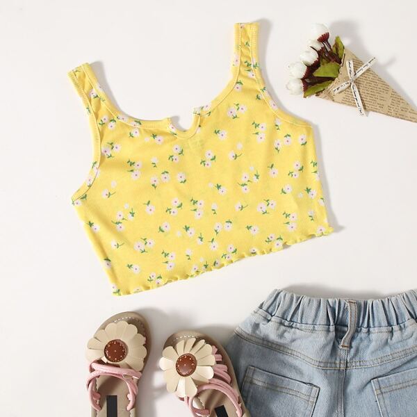 

Girls Notch Neck Lettuce Edge Tank Top, Yellow