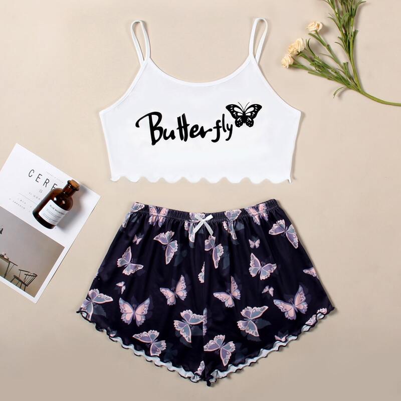 

Butterfly And Letter Graphic Cami Pajama Set, Multicolor