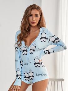 Damski, błękitny komplet piżamowy z nadrukiem w pandę z głębokim dekoltem w serek i guzikami z przodu