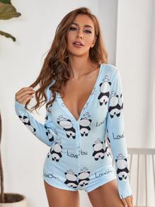 Damski, błękitny komplet piżamowy z nadrukiem w pandę z głębokim dekoltem w serek i guzikami z przodu