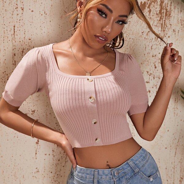 

Square Neck Button Front Crop Knit Top, Dusty pink
