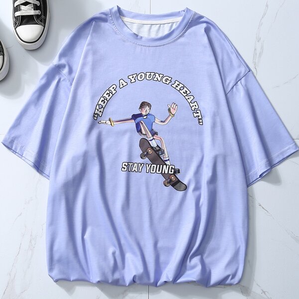 

Men Cartoon Figure And Slogan Graphic Tee, Violet purple