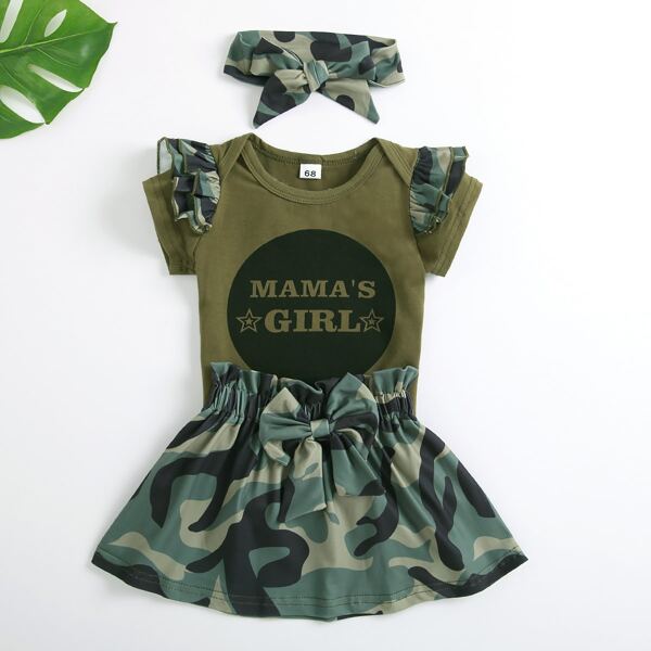 

Baby Girl Letter & Camo Tee Bodysuit & Skirt & Headband, Multicolor