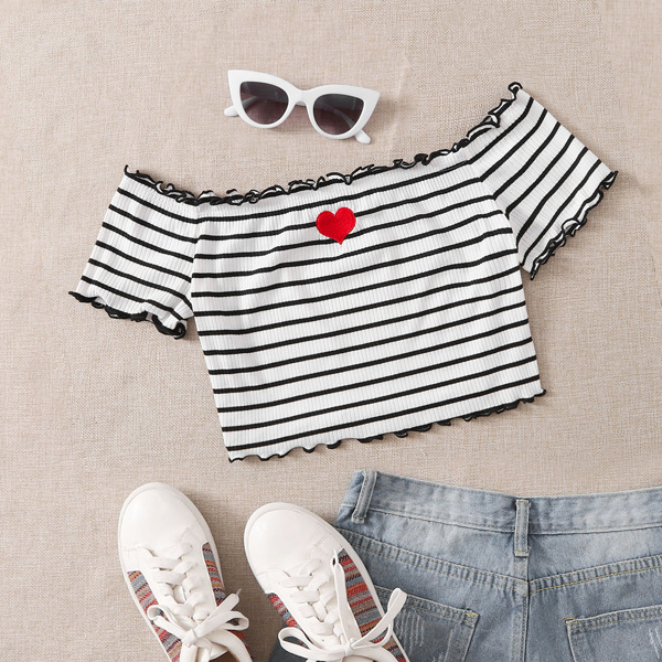 

Off Shoulder Heart Embroidery Striped Tee, Black and white