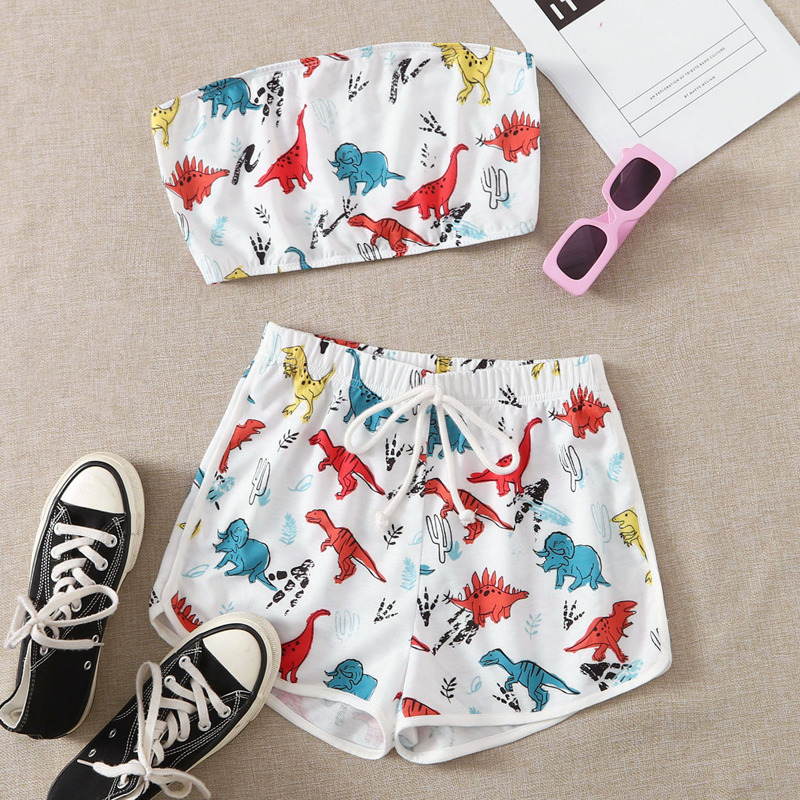 

Cartoon Graphic Tube Top & Tie Front Track Shorts Set, Multicolor