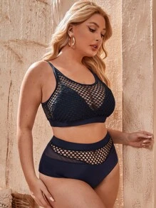 Conjunto de bikini de tallas grandes con detalles de red, para verano y playa - Azul Marino - Ver 4