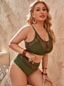 Conjunto de bikini de talla grande con detalle de red para el verano y la playa - Verde militar - Ver 3