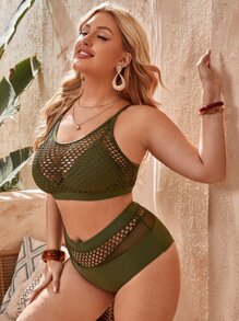 Conjunto de bikini de talla grande con detalle de red para el verano y la playa - Verde militar - Ver 4