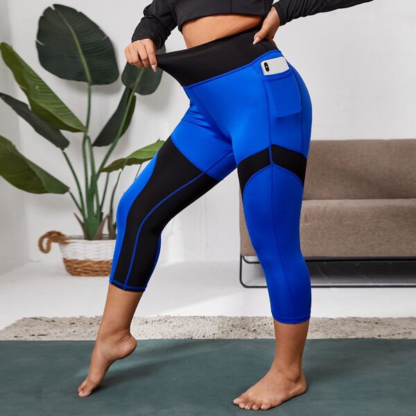 

Plus Color Block Sports Leggings With Pocket, Royal blue