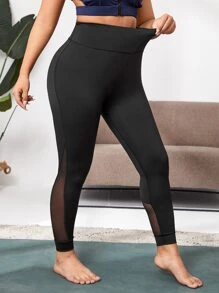 Easithlete Plus Contrast Mesh Sports Leggings - Black - View 1